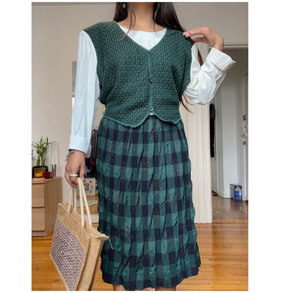 Vintage 80s Midi  Plaid 3/4 Sleeve Dress with Vest